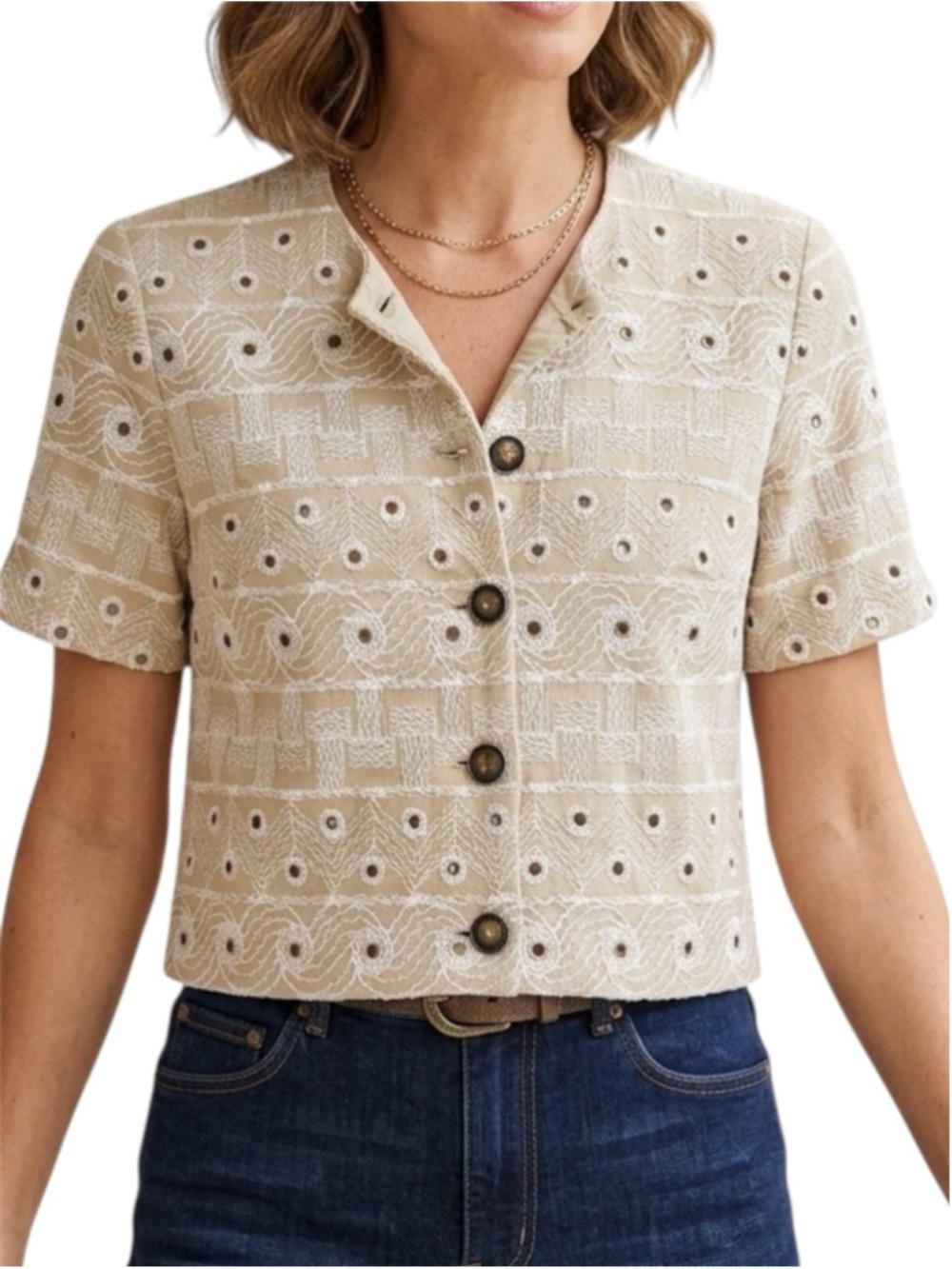 Double D Ranch Beige Textured Embroidered Buttoned Top Small